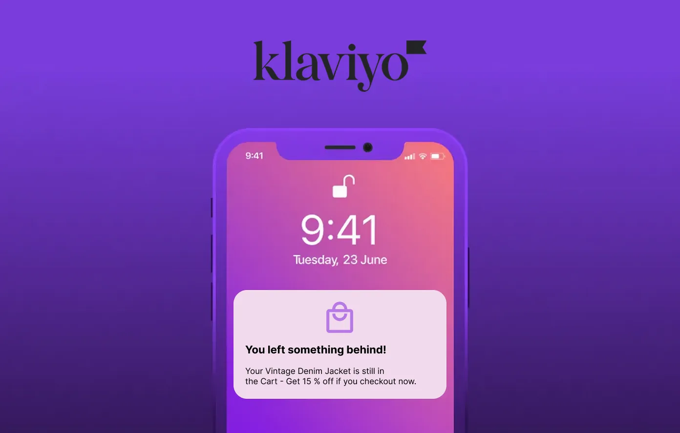 iPhone lock screen showing a Klaviyo abandoned cart push notification with a shopping bag icon and discount offer